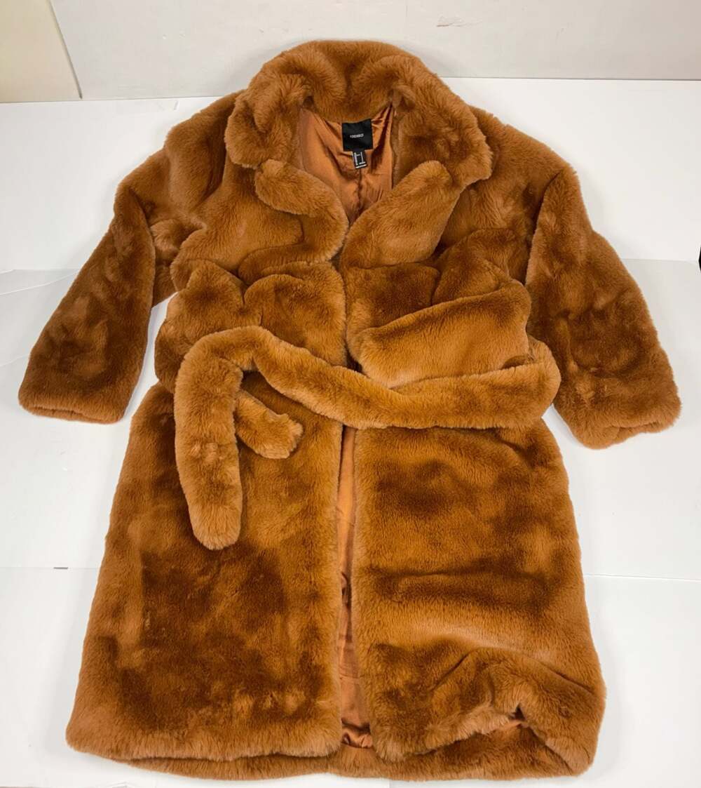 Forever 21 Women Faux Fur Belted Longline Coat Rust Orange